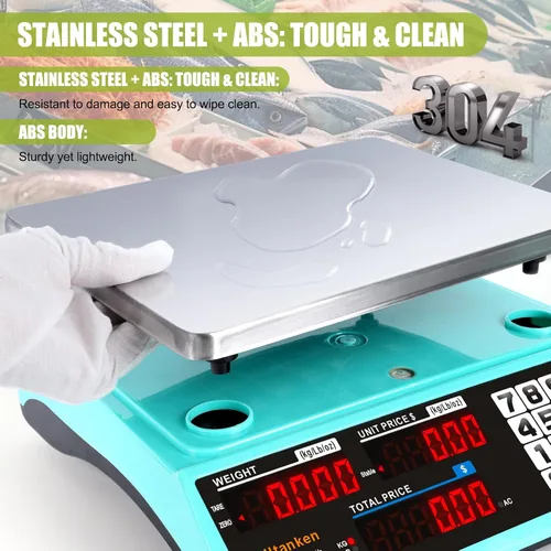 Miniatura 8 de Báscula comercial de alimentos de 88 libras / kilogramos/oz, escala de cálculo de precios con pantalla doble, recargable, placa reversible 88lb