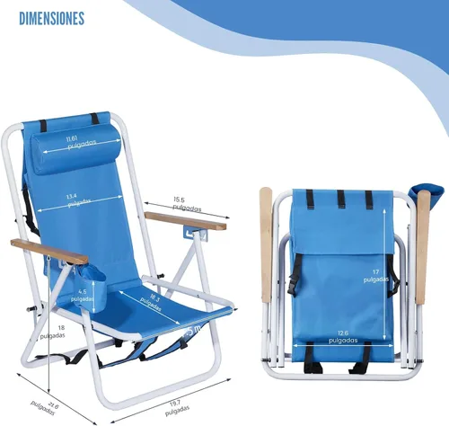 Miniatura 7 de Outvita Silla de playa plegable con reposacabezas ajustable de 4 ángulos flexibles, con soporte para tazas, portátil, de alta resistencia, tela Azul