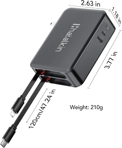 Miniatura 9 de Cargador de 65 W para MacBook Pro, enchufe de cargador de pared retráctil 5 en 1 para iPhone 17, cable USB C PD dual de 3.94 pies y 3 puertos