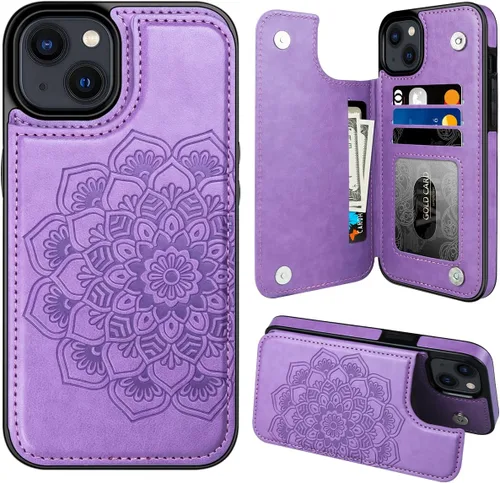 Miniatura 13 de MMHUO Funda para iPhone 14 con tarjetero y parte trasera magnética de flores para iPhone 14, funda protectora para iPhone 14, color oro rosa