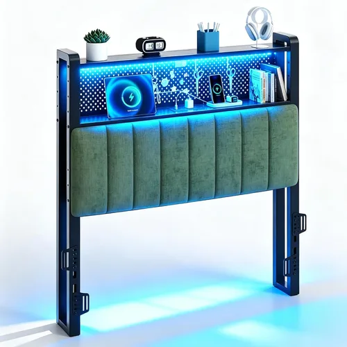 Miniatura 17 de VINGLI Cabecera LED Queen con 3 estantes de almacenamiento y estación de carga, moderna cabecera tapizada con luces RGB, puertos USB y toma de Lino