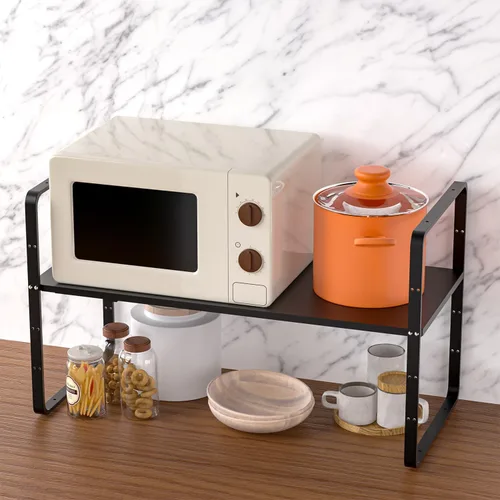 Miniatura 8 de Paquete de 2 organizadores de estantes de gabinete de cocina expandibles, estantes de almacenamiento de despensa de metal apilables, estante de Negro