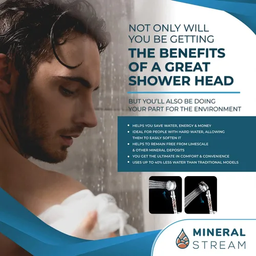 Miniatura 4 de MineralStream - Cabezal de ducha de mano de alta presión Turbo con piedras minerales para filtración, perfecto para cabello seco y piel, cabezal