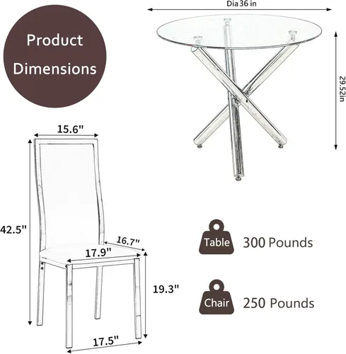 Miniatura 2 de Moderno juego de mesa redonda de cristal para 2, juego de mesa de cocina de círculo pequeño de 36 pulgadas con 2 sillas de comedor de piel sintética