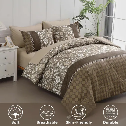 Miniatura 2 de WONGS BEDDING Juego de edredón marrón tamaño Queen, juego de 7 piezas en una bolsa con diseño de patchwork floral, juego de sábanas Queen