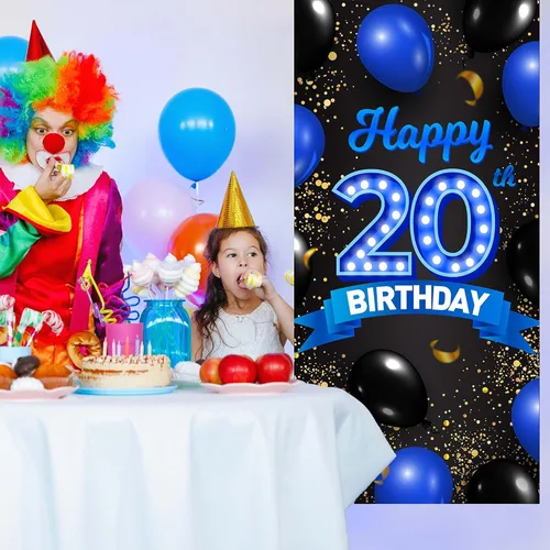 Miniatura 4 de Cartel de fondo azul y negro de feliz cumpleaños número 20, decoración temática de globos de confeti para niñas y mujeres de 20 años, decoraciones
