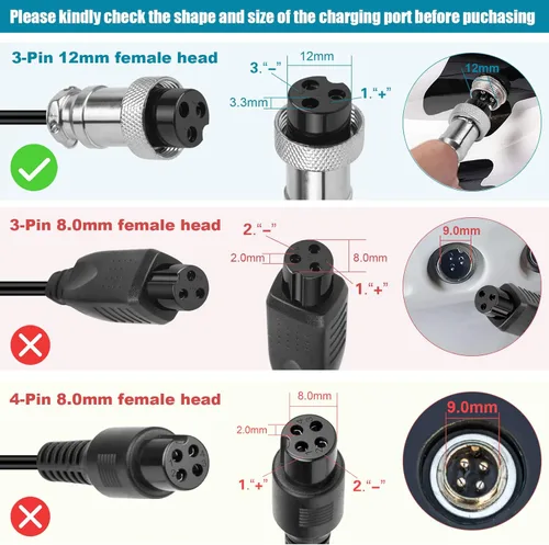 Miniatura 2 de 44V 1.8A Cargador de batería de plomo ácido XLR hembra de 3 pines con cable de alimentación en línea de 3 puntas para Boreem Jia, Minimoto, Rad2Go
