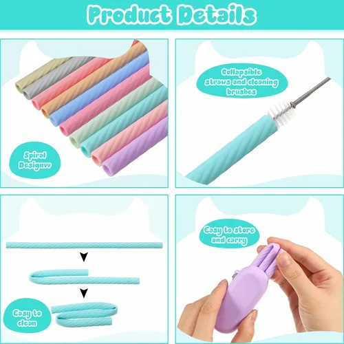 Miniatura 3 de Irenare Juego de 20 popotes de silicona con estuche, reutilizables, plegables, portátiles, de viaje, para beber en frío o caliente, con funda