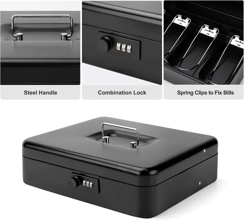 Miniatura 3 de Caja de efectivo con bandeja de dinero y cerradura, caja de dinero segura para efectivo, caja de bloqueo de metal con combinación, organizador