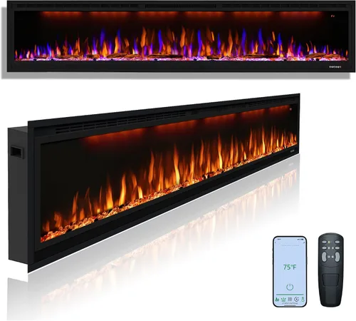 Miniatura 12 de Chimenea eléctrica inteligente de 42 pulgadas con control por aplicación, montaje en pared e insertos de chimenea empotrados en la pared, llama