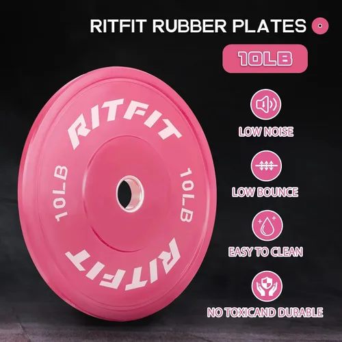Miniatura 3 de RITFIT Placas de peso rosas, placa de pesas olímpicas de 2 pulgadas, placas de parachoques con inserto de acero, pesas rosas para gimnasio y hogar