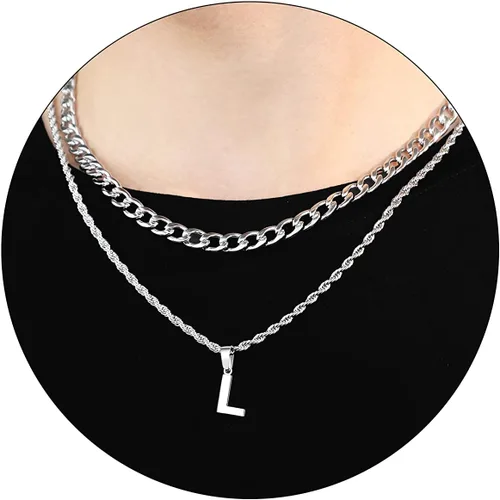 Miniatura 61 de SENRAN Collar con inicial en capas de la A a la Z para hombre, cadena de cuerda torcida de acero inoxidable de 18 a 20 pulgadas, dije de letra