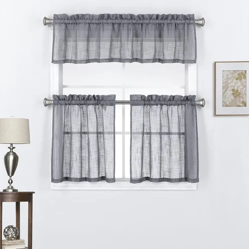 Miniatura 10 de Juego de 3 cortinas de lino con textura para ventana de cocina y cafetería, 24 pulgadas de largo, color negro