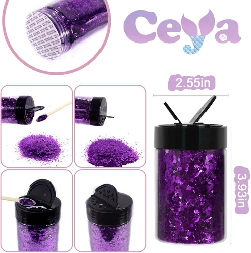 Miniatura 4 de Ceya - Purpurina gruesa, 140 g / 4.9 oz de polvo de purpurina para manualidades, color lila aubergine, con copos finos, lentejuelas iridiscentes 4.9