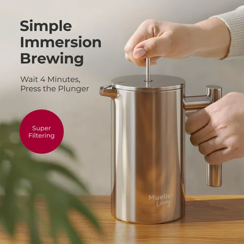 Miniatura 6 de MuellerLiving - Cafetera de prensa francesa MuellerLiving de 20 oz, prensa francesa de café de acero inoxidable, 4 filtros resistentes al calor