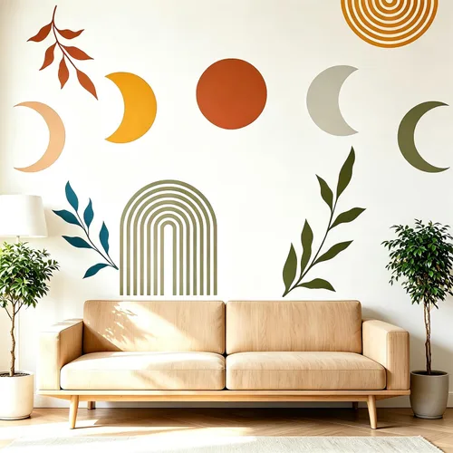 Miniatura 14 de Calcomanías de Pared Bohemias de Mediados de Siglo Modernas Despegar y Pegar, Pegatinas de Vinilo de Pared de Arcos Grandes Sol, Hojas Plantas