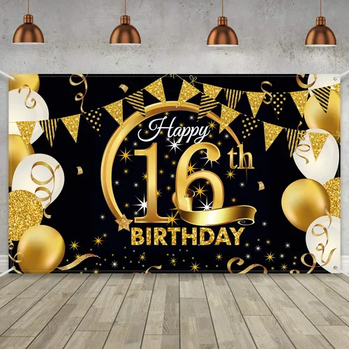 Miniatura 21 de Decoración de fiesta de cumpleaños número 15, cartel póster de tela extra grande negro y dorado para telón de fondo de cabina de fotos