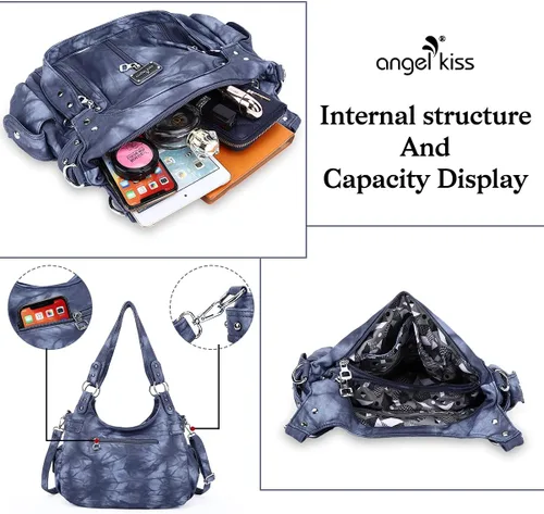 Miniatura 4 de Angelkiss - Bolsos grandes para mujer, de piel sintética lavada, bolso cruzado de hombro