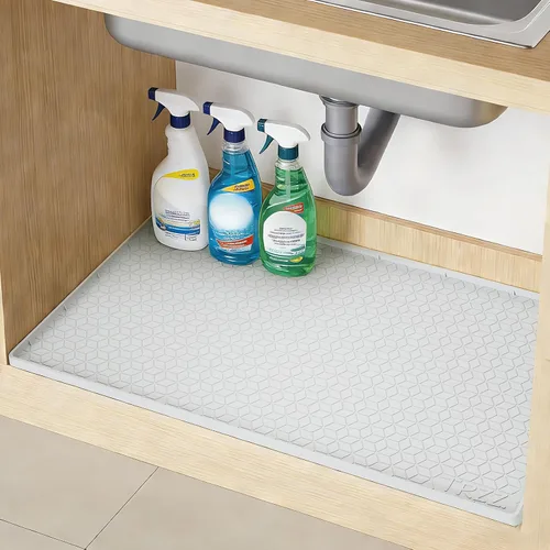 Miniatura 12 de TRZZ Tapete de silicona impermeable para debajo del fregadero de 34 x 22 pulgadas, bandeja de goteo y forro de gabinete para cocina y baño, evita