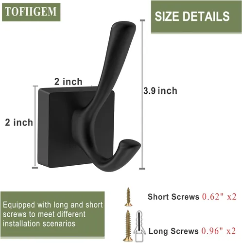 Miniatura 7 de TOFIIGREM Ganchos de pared negros para abrigos, ganchos para vestíbulos de baño, ganchos para colgar ropa, bata, toalla, mochila, ganchos