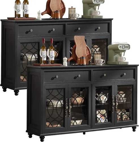 Miniatura 27 de Joaxswe Aparador de estilo rústico con almacenamiento, credenza grande de 59 pulgadas con 4 puertas de vidrio y 2 cajones, estantes ajustables, mesa