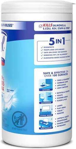 Miniatura 14 de Lysol Toallitas desinfectantes, esenciales para dormitorio, toallitas de limpieza antibacterianas multisuperficie, para desinfectar y limpiar, lino