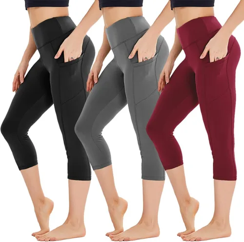 Miniatura 6 de HIGHDAYS Paquete de 3 leggings capri para mujer con bolsillos, pantalones de cintura alta para entrenamiento, correr, yoga