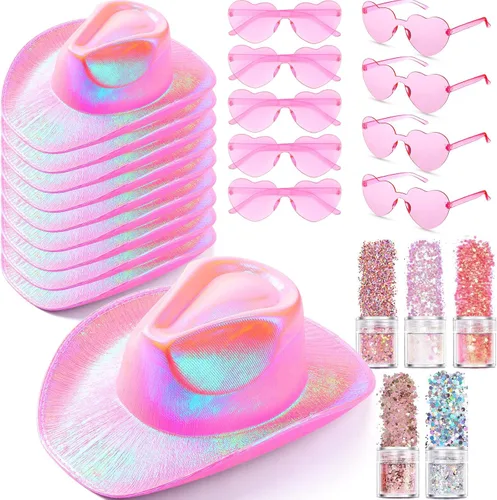 Coume 23 sombreros de vaquero iluminados, brillantes holográficos, sombreros de vaquera con lentes de sol de corazón para mujer, disfraz de fiesta