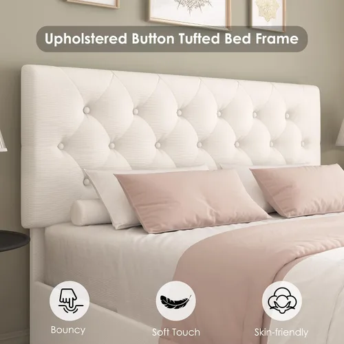 Miniatura 5 de Keyluv - Base de cama tapizada moderna con 4 cajones, diseño de cabecera con botones, soporte de listones de madera maciza, fácil montaje, tela