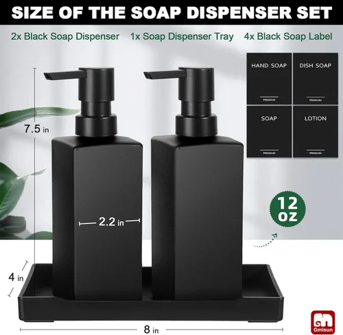 Miniatura 2 de GMISUN Juego de dispensador de jabón de cocina, dispensadores de jabón para manos y platos, dispensador de jabón negro de 12 fl oz/11.8 fl oz