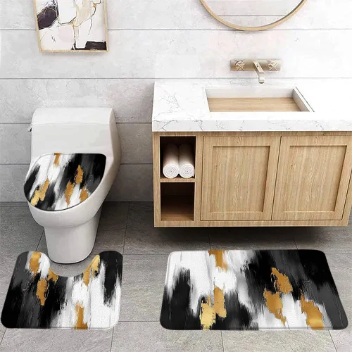 Miniatura 2 de 3 Pcs Black White Gold Bath Rugs Set,Modern Abstract Brush Strokes Oil Painting Art Kitchen Rug with 16"x24" Bath Mat+U-Shaped Toilet Rug+Toilet