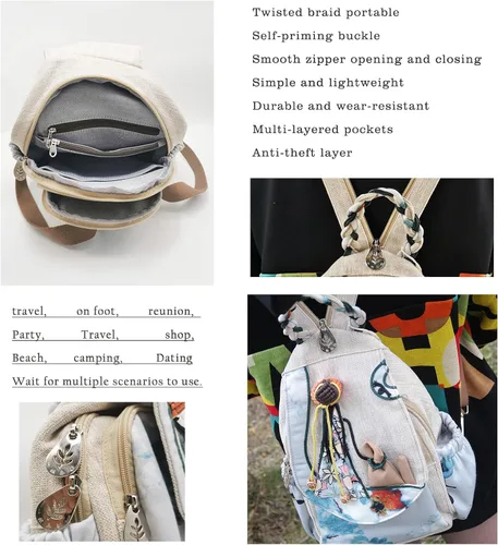 Miniatura 148 de HUANGGUOSHU Mochila de algodón tejida de algodón bohemio con bordado de lona estilo bohemio con múltiples bolsillos retro linda mochila cartera