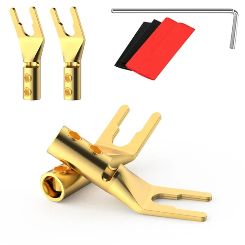 4 conectores de pala, 45 grados de cobre puro de audio tenedor Y enchufe de espada con tubo termorretráctil y llave hexagonal, enchufes de cable de