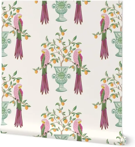 Muestra de papel tapiz extraíble – Pájaros botánicos tropicales loro cítrico floral caprichoso vid hojas naranja limón italiano personalizado