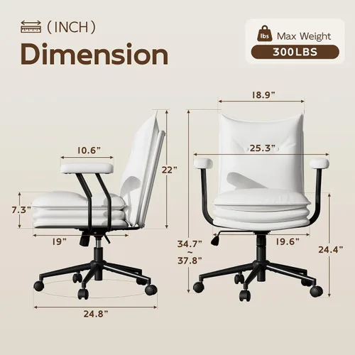 Miniatura 2 de Silla de oficina blanca con asiento ancho grueso de triple capa, silla de escritorio de cuero con respaldo medio con ruedas y brazos, silla de Blanco