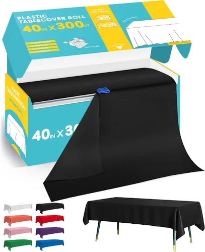 Miniatura 6 de Niuara Rollo de mantel de plástico negro - 40 pulgadas x 100 pies, mantel para mesa rectangular con cortador deslizante, mantel de plástico