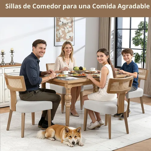 Miniatura 4 de ZJhome Juego de 4 sillas de comedor de ratán modernas de mediados de siglo, sillas decorativas tapizadas de lino con respaldo curvo, marco de madera