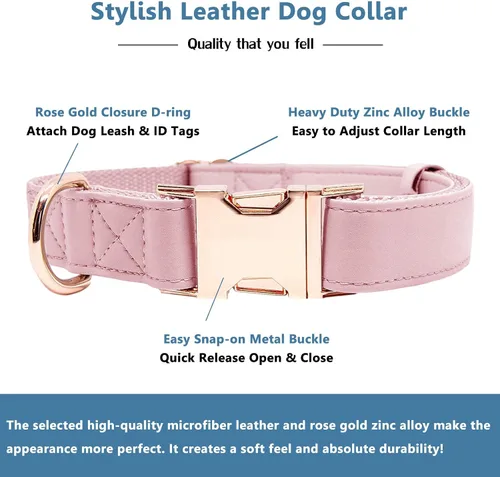 Miniatura 3 de Juego de collar y correa de cuero suave para perro (6.6 pies), elegante hebilla de metal resistente de oro rosa, correa de 4 longitudes ajustables