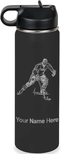 Miniatura 18 de LaserGram Botella de agua personalizada, jugador de hockey, acero inoxidable de doble pared aislada al vacío con popote superior, regalo grabado