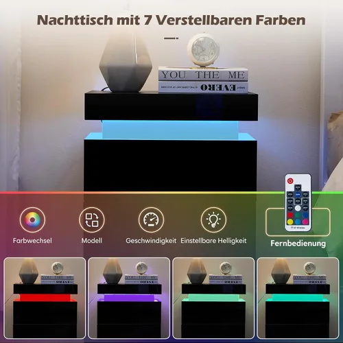 Miniatura 4 de TUKAILAi Mesita de noche con luz LED, moderna mesita de noche negra con tapa abatible, mesita de noche pequeña con 3 cajones de madera, mesa