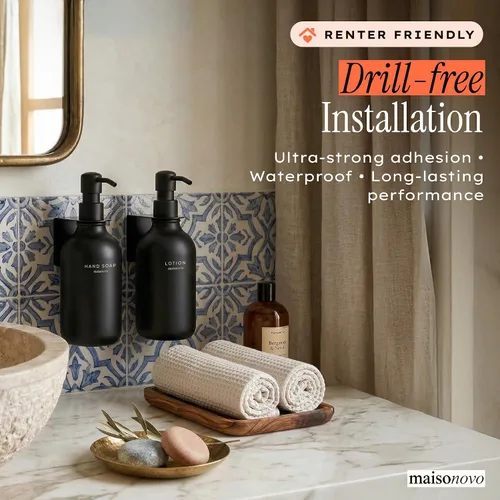 Miniatura 6 de MaisoNovo Dispensador de champú y acondicionador, dispensador de jabón de ducha montado en la pared, juego de 3 botellas de plástico ámbar de 16.9