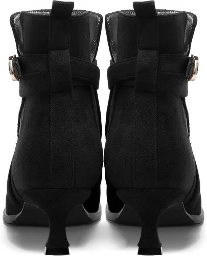 Miniatura 4 de MODENCOCO Vestido de gamuza para mujer, puntera redonda, correa de tobillo, hebilla de moda, tacón bajo, botas altas hasta el tobillo, 2 pulgadas