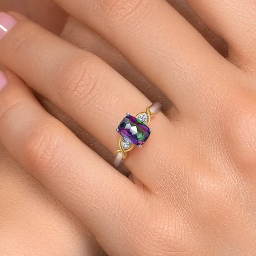 Miniatura 17 de Gem Stone King Anillo de compromiso de 3 piedras preciosas de plata 925 y oro amarillo de 10 quilates de 0.315 x 0.236 in de talla cojín y diamante