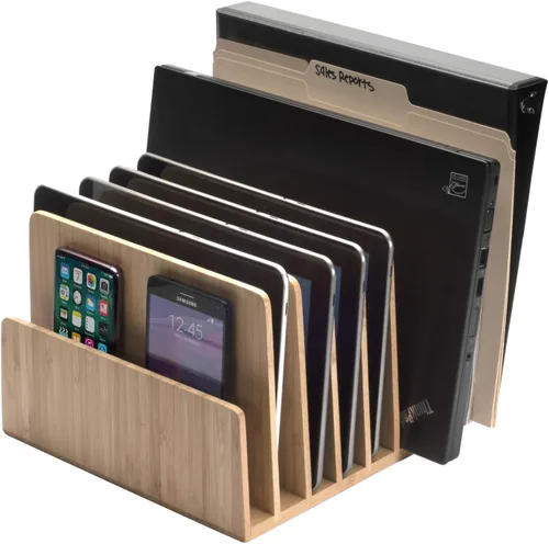 Miniatura 12 de MobileVision Organizador de dispositivos de bambú para teléfonos inteligentes, tabletas y portátiles, 10 ranuras