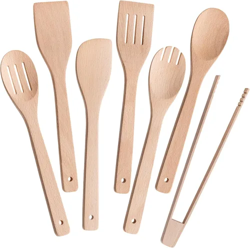 Miniatura 8 de Eisinly Cucharas de madera para cocinar, 7 piezas, juego de utensilios de cocina de madera antiadherentes, cuchara de espátula de madera duradera