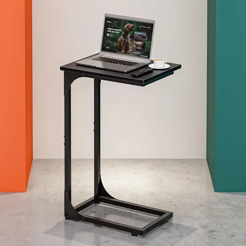 Miniatura 11 de Mesa auxiliar en forma de C para sofá, soporte de café pequeño, bandeja de sofá con marco de metal, parte superior de madera impermeable resistente