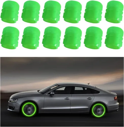 Miniatura 7 de Tapas fluorescentes para válvulas de neumáticos de auto, 12 tapas luminosas iluminadas para válvulas de rueda, resistentes a la corrosión que
