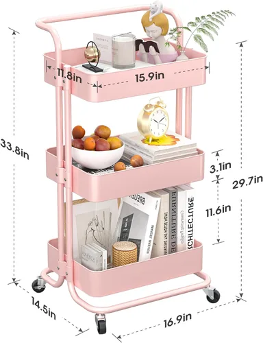 Miniatura 7 de Carrito de almacenamiento con ruedas de metal, carrito utilitario de 3 niveles con ruedas, organizador multifuncional para cocina, dormitorio, Rosa