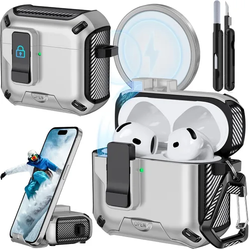 Miniatura 26 de Funda para AirPods Pro 2 (2023/2022/2019) con soporte para teléfono, (con interruptor a presión automático), diseño de fibra de carbono, cubierta