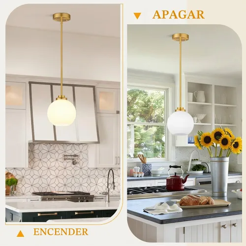 Miniatura 6 de Paquete de 2 luces colgantes de vidrio ajustable de 22 a 50 pulgadas de altura para isla de cocina, luces colgantes de globo dorado cepillado